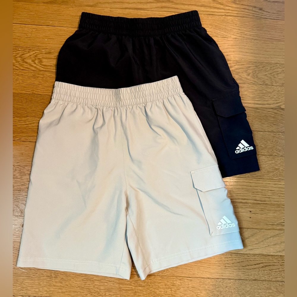 $10 for both. Worn once-Size 10/12 Adidas Kids' Black and Beige Cargo Shorts.
